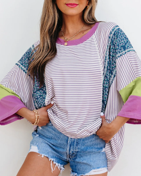 Whimsy in Color Patchwork Stripe Top-Tops-Krush Kandy, Women's Online Fashion Boutique Located in Phoenix, Arizona (Scottsdale Area)