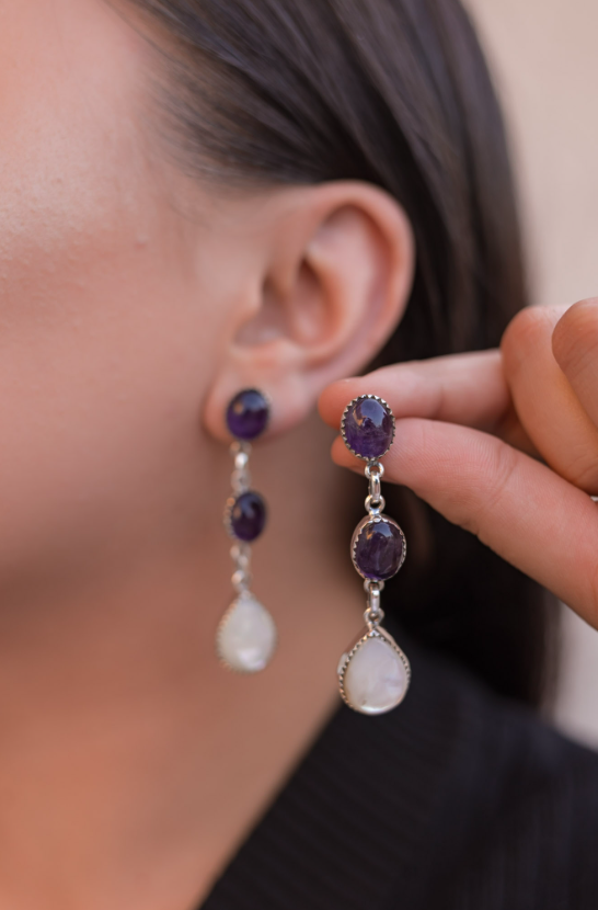 Joyful Jewels Amethyst & White Shell Earrings-Earrings-Krush Kandy, Women's Online Fashion Boutique Located in Phoenix, Arizona (Scottsdale Area)