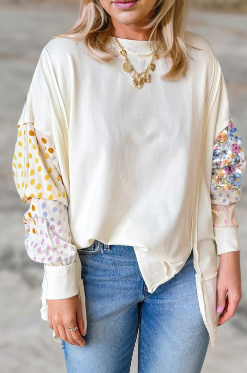 Floral Patchwork Sleeve Sweatshirt-Tops-Krush Kandy, Women's Online Fashion Boutique Located in Phoenix, Arizona (Scottsdale Area)