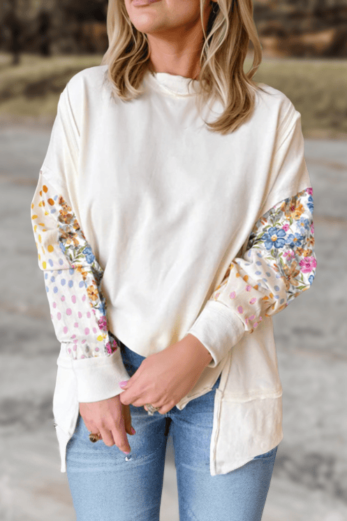Floral Patchwork Sleeve Sweatshirt-Tops-Krush Kandy, Women's Online Fashion Boutique Located in Phoenix, Arizona (Scottsdale Area)