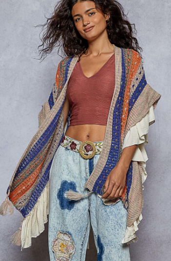 POL Boho Striped Ruffle Cardigan-Cardigan-Krush Kandy, Women's Online Fashion Boutique Located in Phoenix, Arizona (Scottsdale Area)