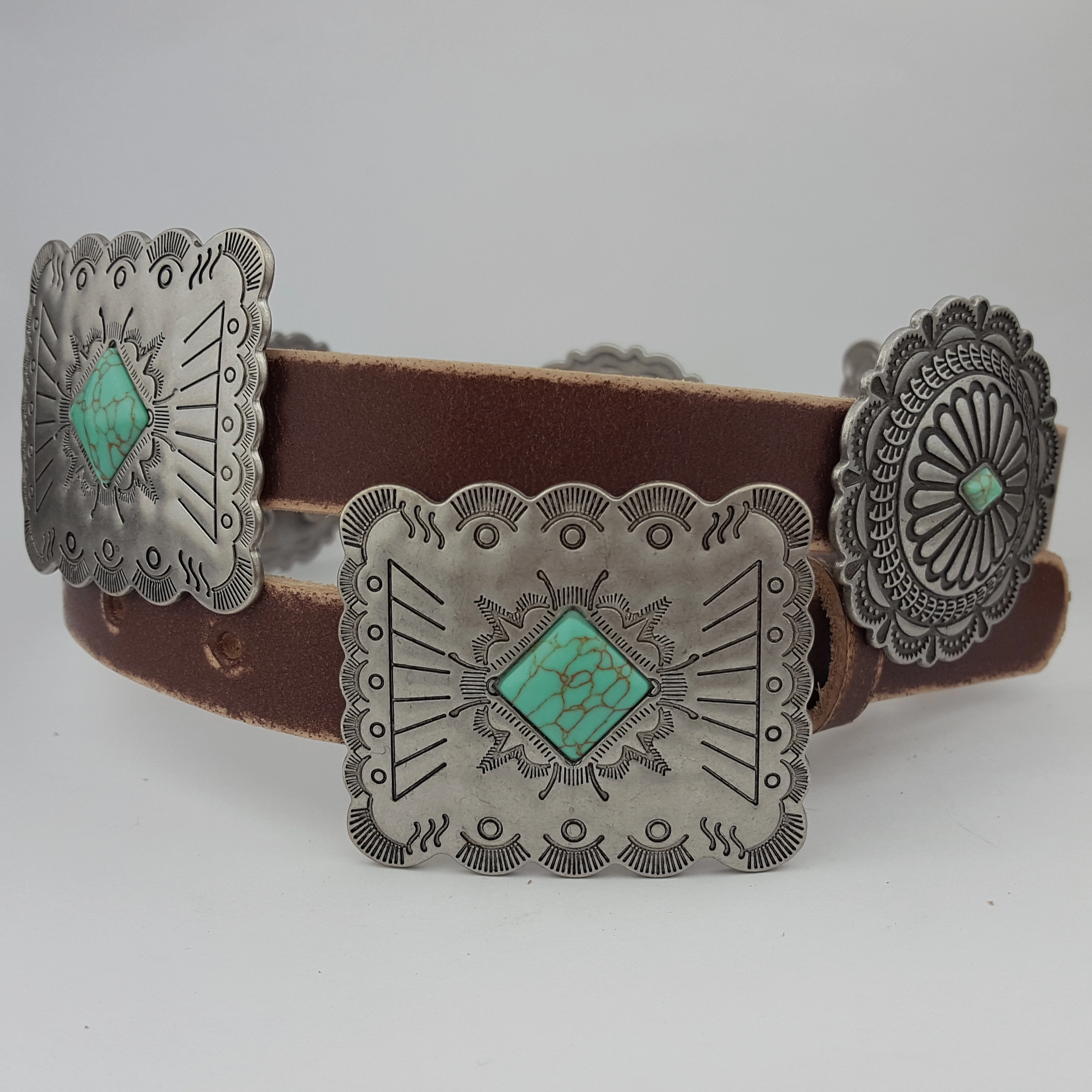 Leather Belt with Distressed Western Style and Turquoise