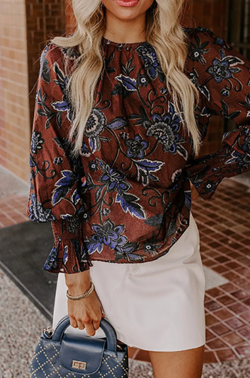 Autumn Floral Print Smocked Cuffs Shift Blouse-top-Krush Kandy, Women's Online Fashion Boutique Located in Phoenix, Arizona (Scottsdale Area)