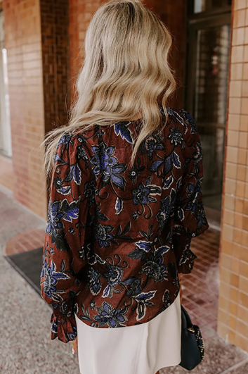 Autumn Floral Print Smocked Cuffs Shift Blouse-top-Krush Kandy, Women's Online Fashion Boutique Located in Phoenix, Arizona (Scottsdale Area)