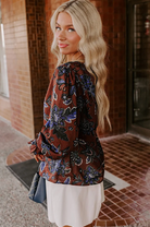 Autumn Floral Print Smocked Cuffs Shift Blouse-top-Krush Kandy, Women's Online Fashion Boutique Located in Phoenix, Arizona (Scottsdale Area)