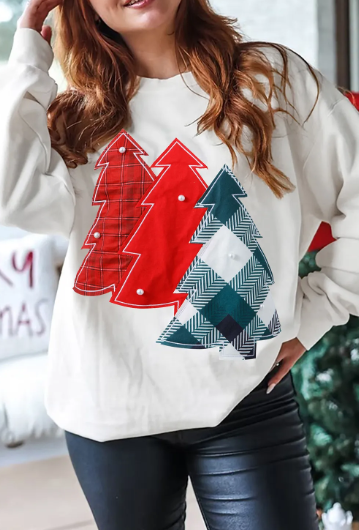 Pearl Plaid Christmas Tree Patched Drop Shoulder Sweatshirt-Sweatshirt-Krush Kandy, Women's Online Fashion Boutique Located in Phoenix, Arizona (Scottsdale Area)