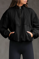 Half Zip Stand Collar Exposed Seam Solid Color Casual Sweatshirt-Sweatshirt-Krush Kandy, Women's Online Fashion Boutique Located in Phoenix, Arizona (Scottsdale Area)