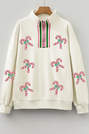 Sequin Candy Canes Contrast Collar Patchwork Loose Sweatshirt-Sweatshirt-Krush Kandy, Women's Online Fashion Boutique Located in Phoenix, Arizona (Scottsdale Area)