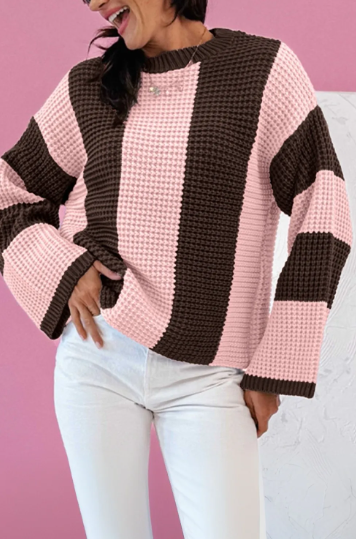Striped Color Block Thermal Textured Knit Drop Shoulder Sweater-Sweater-Krush Kandy, Women's Online Fashion Boutique Located in Phoenix, Arizona (Scottsdale Area)
