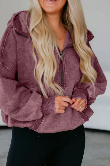Half Zip Kangaroo Pocket Mineral Wash Baggy Hoodie-Hoodies-Krush Kandy, Women's Online Fashion Boutique Located in Phoenix, Arizona (Scottsdale Area)