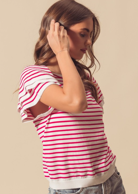 Stripe Lightweight Sweater Top with Tiered Sleeves-Short Sleeve Tops-Krush Kandy, Women's Online Fashion Boutique Located in Phoenix, Arizona (Scottsdale Area)