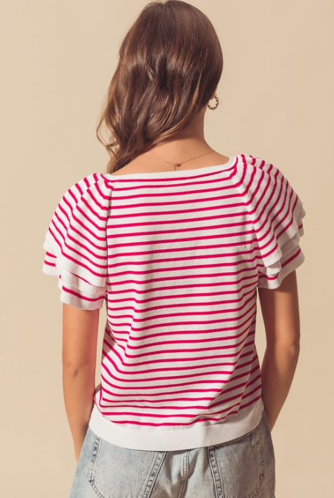 Stripe Lightweight Sweater Top with Tiered Sleeves-Short Sleeve Tops-Krush Kandy, Women's Online Fashion Boutique Located in Phoenix, Arizona (Scottsdale Area)