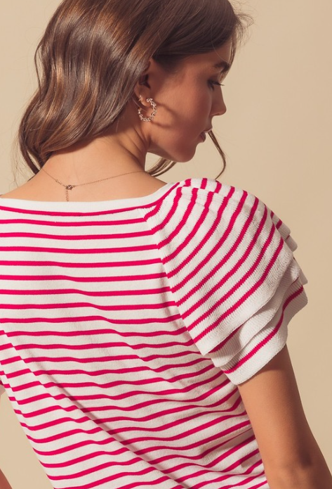 Stripe Lightweight Sweater Top with Tiered Sleeves-Short Sleeve Tops-Krush Kandy, Women's Online Fashion Boutique Located in Phoenix, Arizona (Scottsdale Area)