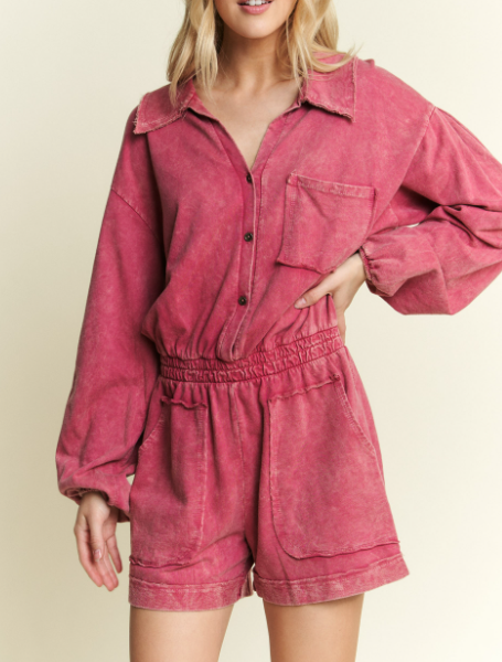 Mineral Washlong sleeve romper-Jumpsuits & Rompers-Krush Kandy, Women's Online Fashion Boutique Located in Phoenix, Arizona (Scottsdale Area)
