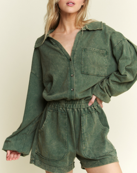 Mineral Washlong sleeve romper-Jumpsuits & Rompers-Krush Kandy, Women's Online Fashion Boutique Located in Phoenix, Arizona (Scottsdale Area)