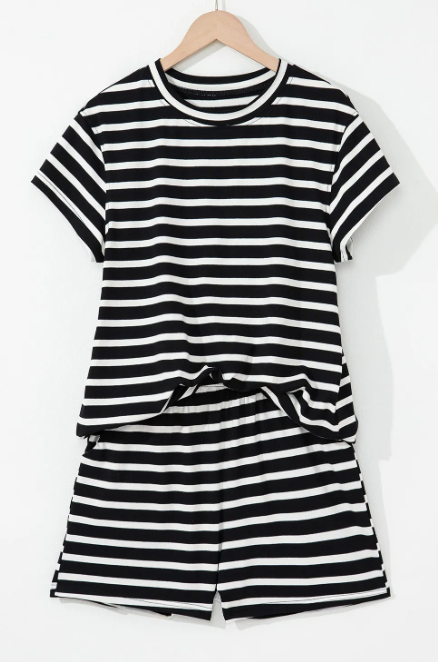 Black White Striped Short Sleeve Top and Shorts Set-2 Piece Outfit Sets-Krush Kandy, Women's Online Fashion Boutique Located in Phoenix, Arizona (Scottsdale Area)