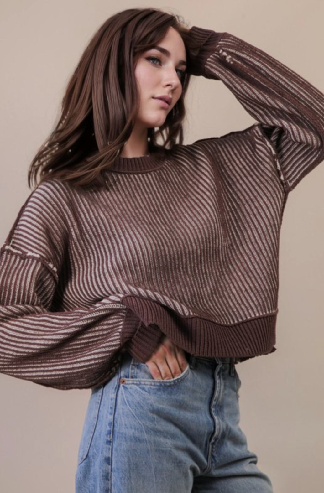 Two-Toned Striped Casual Sweater Top-Long Sleeve Tops-Krush Kandy, Women's Online Fashion Boutique Located in Phoenix, Arizona (Scottsdale Area)