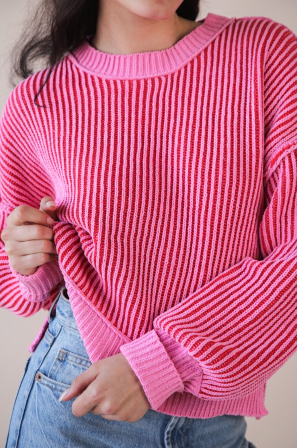 Two-Toned Striped Casual Sweater Top-Long Sleeve Tops-Krush Kandy, Women's Online Fashion Boutique Located in Phoenix, Arizona (Scottsdale Area)