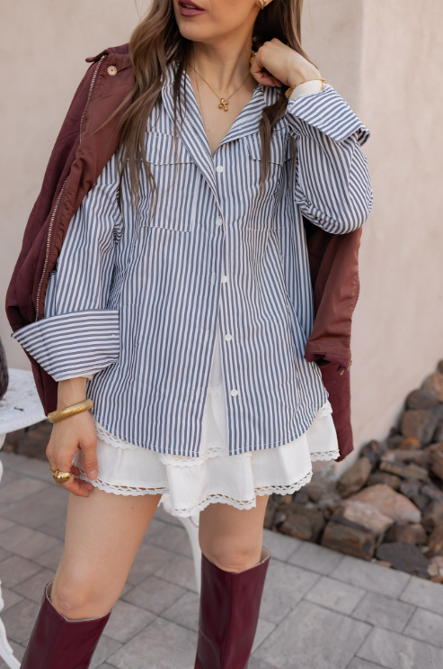 Devine Striped Collared Neck Long Sleeve Shirt-Tops-Krush Kandy, Women's Online Fashion Boutique Located in Phoenix, Arizona (Scottsdale Area)
