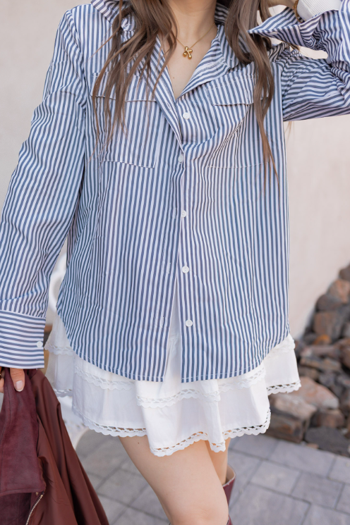 Devine Striped Collared Neck Long Sleeve Shirt-Tops-Krush Kandy, Women's Online Fashion Boutique Located in Phoenix, Arizona (Scottsdale Area)