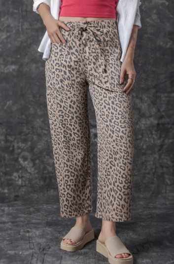 Leopard Printed Drawstring Elastic Waistband Pocketed Wide Leg Jeans-Jeans-Krush Kandy, Women's Online Fashion Boutique Located in Phoenix, Arizona (Scottsdale Area)