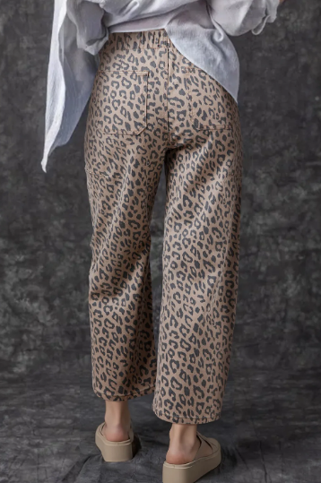 Leopard Printed Drawstring Elastic Waistband Pocketed Wide Leg Jeans-Jeans-Krush Kandy, Women's Online Fashion Boutique Located in Phoenix, Arizona (Scottsdale Area)
