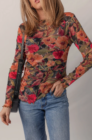 S heer Floral Print Lettuce Trim Long Sleeve Mesh Top-Tops-Krush Kandy, Women's Online Fashion Boutique Located in Phoenix, Arizona (Scottsdale Area)