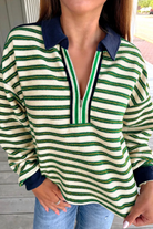 Striped Contrast Collar Zip V Neck Long Sleeve Top-Long Sleeve Tops-Krush Kandy, Women's Online Fashion Boutique Located in Phoenix, Arizona (Scottsdale Area)