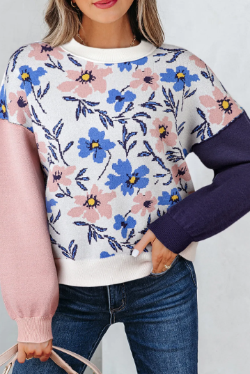 Floral Panel Colorblock Sleeve Patchwork Sweater-Sweater-Krush Kandy, Women's Online Fashion Boutique Located in Phoenix, Arizona (Scottsdale Area)
