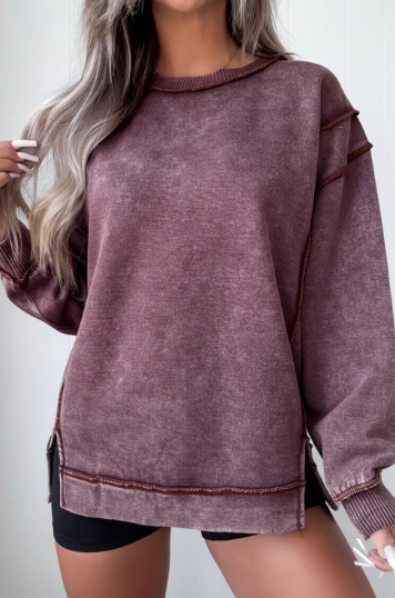 Mineral Wash Exposed Seam Side Slit Sweatshirt-Sweatshirt-Krush Kandy, Women's Online Fashion Boutique Located in Phoenix, Arizona (Scottsdale Area)