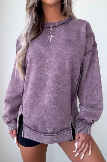 Mineral Wash Exposed Seam Side Slit Sweatshirt-Sweatshirt-Krush Kandy, Women's Online Fashion Boutique Located in Phoenix, Arizona (Scottsdale Area)