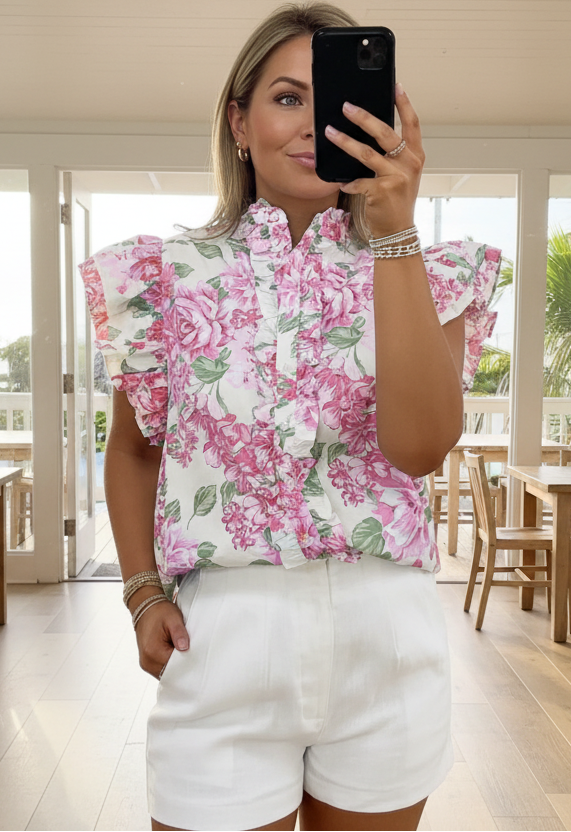 Floral Print Ruffle Sleeve Frilly Button Up