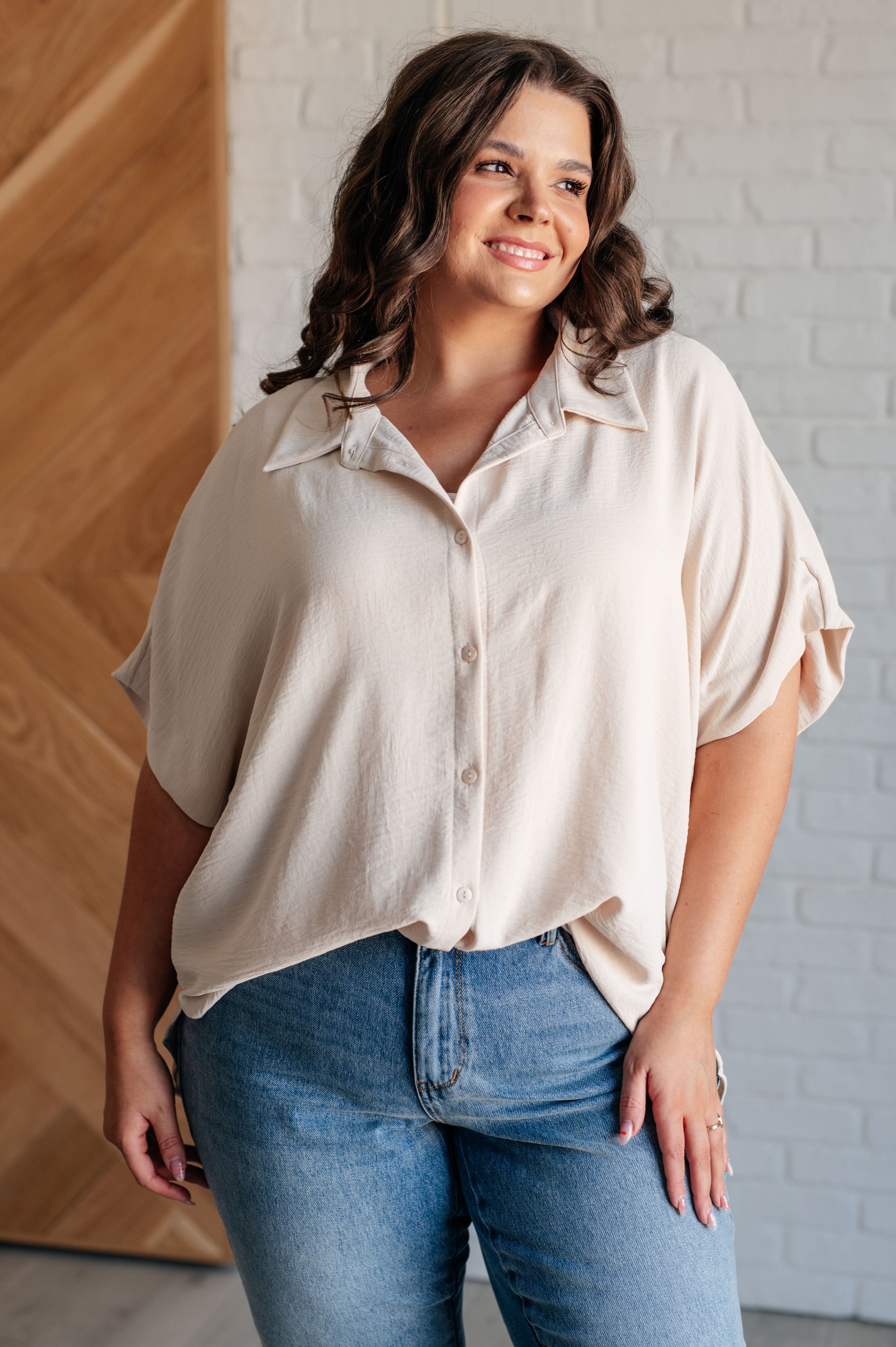 Sweet Simplicity Button Down Blouse in Oatmeal-Short Sleeve Tops-Krush Kandy, Women's Online Fashion Boutique Located in Phoenix, Arizona (Scottsdale Area)