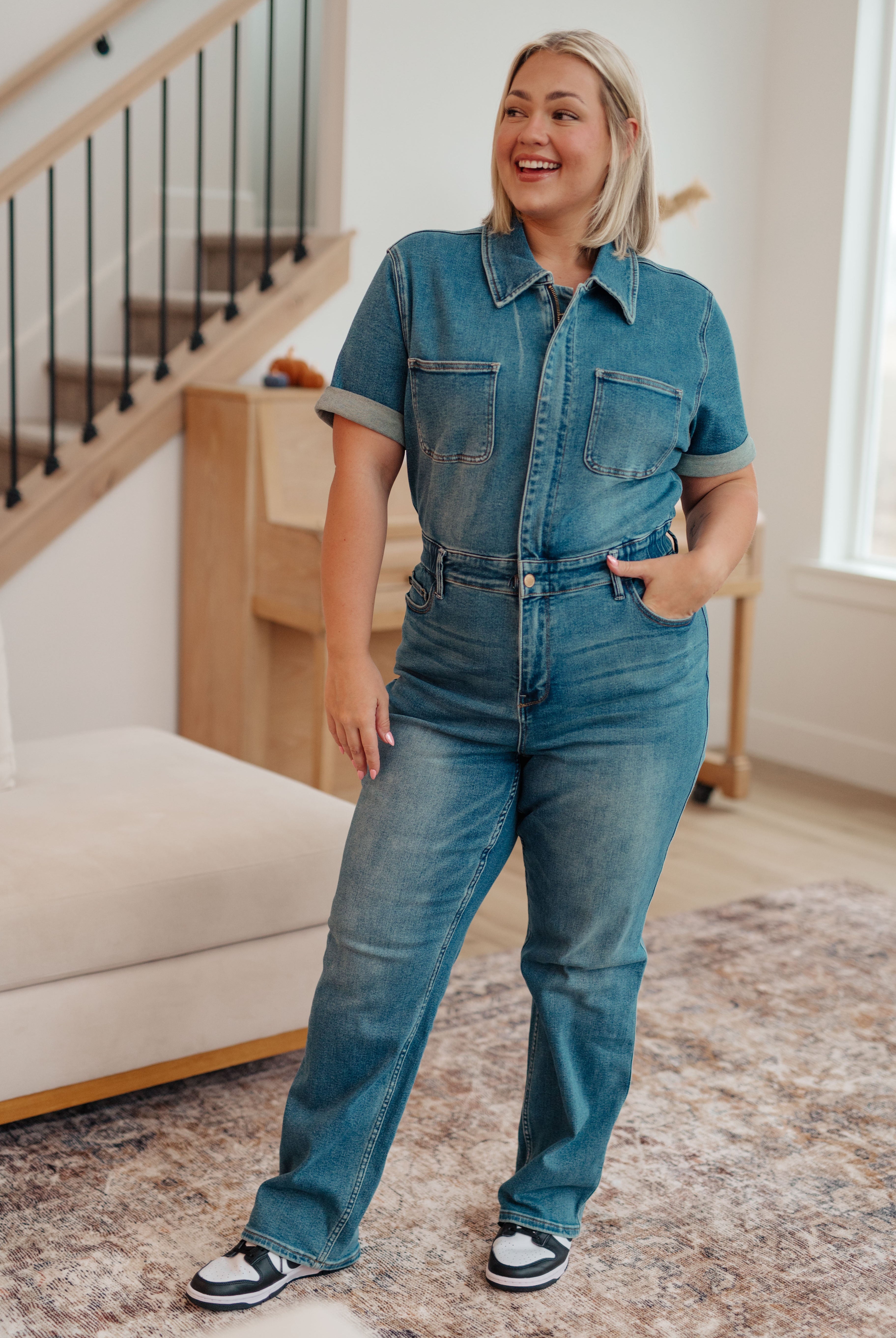 JUDY BLUE Sylvia Short Sleeve Denim Jumpsuit-Jeans-Krush Kandy, Women's Online Fashion Boutique Located in Phoenix, Arizona (Scottsdale Area)