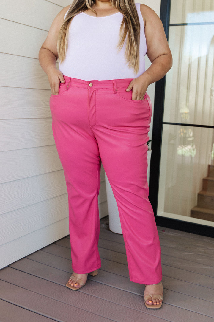 Judy Blue Tanya Control Top Faux Leather Pants in Hot Pink-Jeans-Krush Kandy, Women's Online Fashion Boutique Located in Phoenix, Arizona (Scottsdale Area)