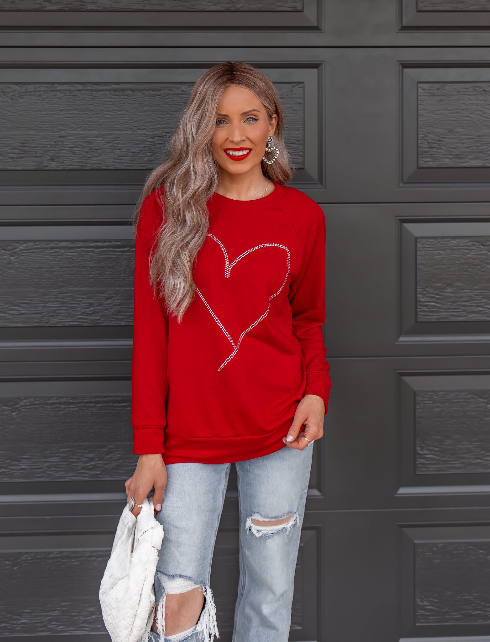 Radiant Love Red Rhinestone Heart Sweatshirt-Sweaters-Krush Kandy, Women's Online Fashion Boutique Located in Phoenix, Arizona (Scottsdale Area)