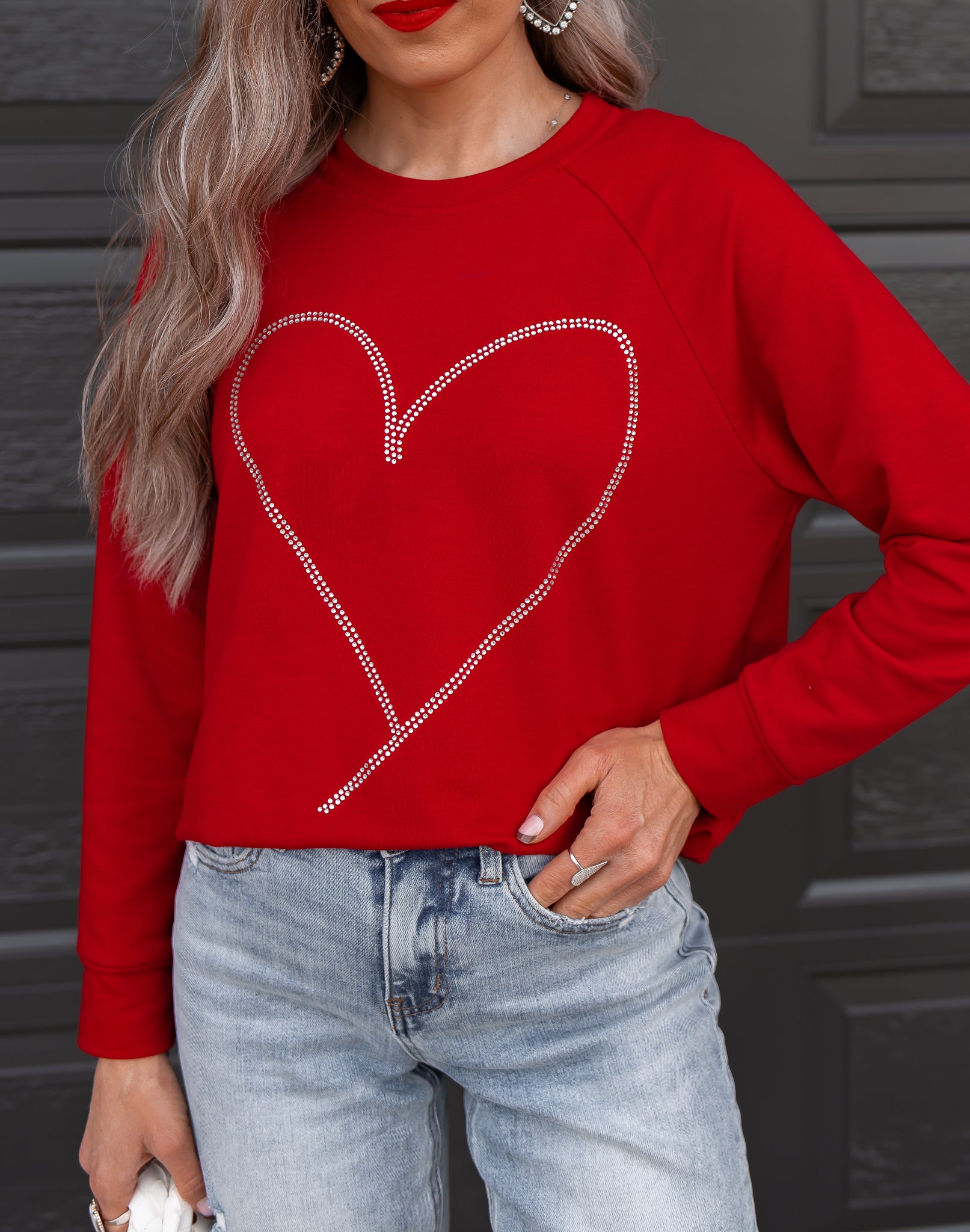 Rhinestone Heart Sweater Top in Radiant Red
