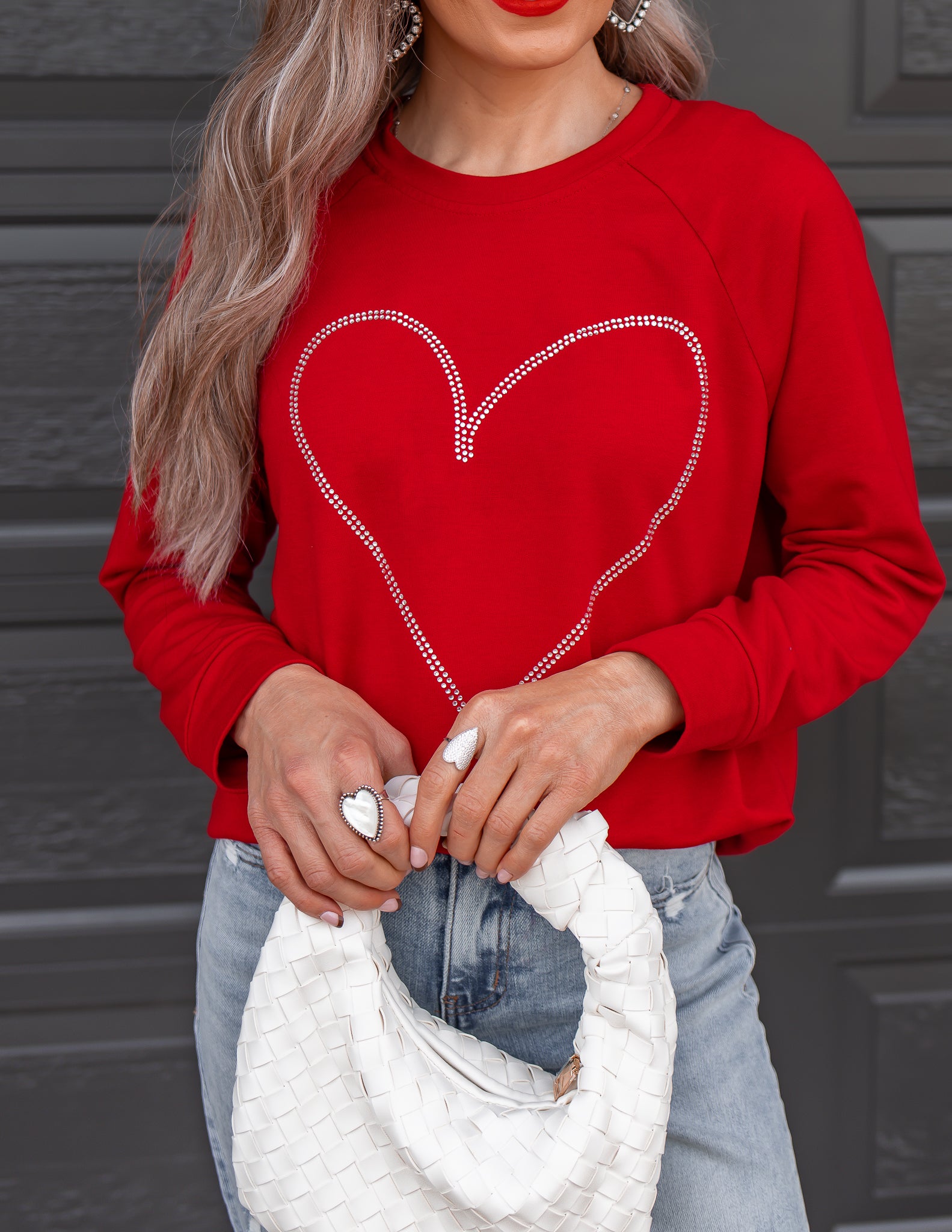 Radiant Love Red Rhinestone Heart Sweatshirt-Sweaters-Krush Kandy, Women's Online Fashion Boutique Located in Phoenix, Arizona (Scottsdale Area)