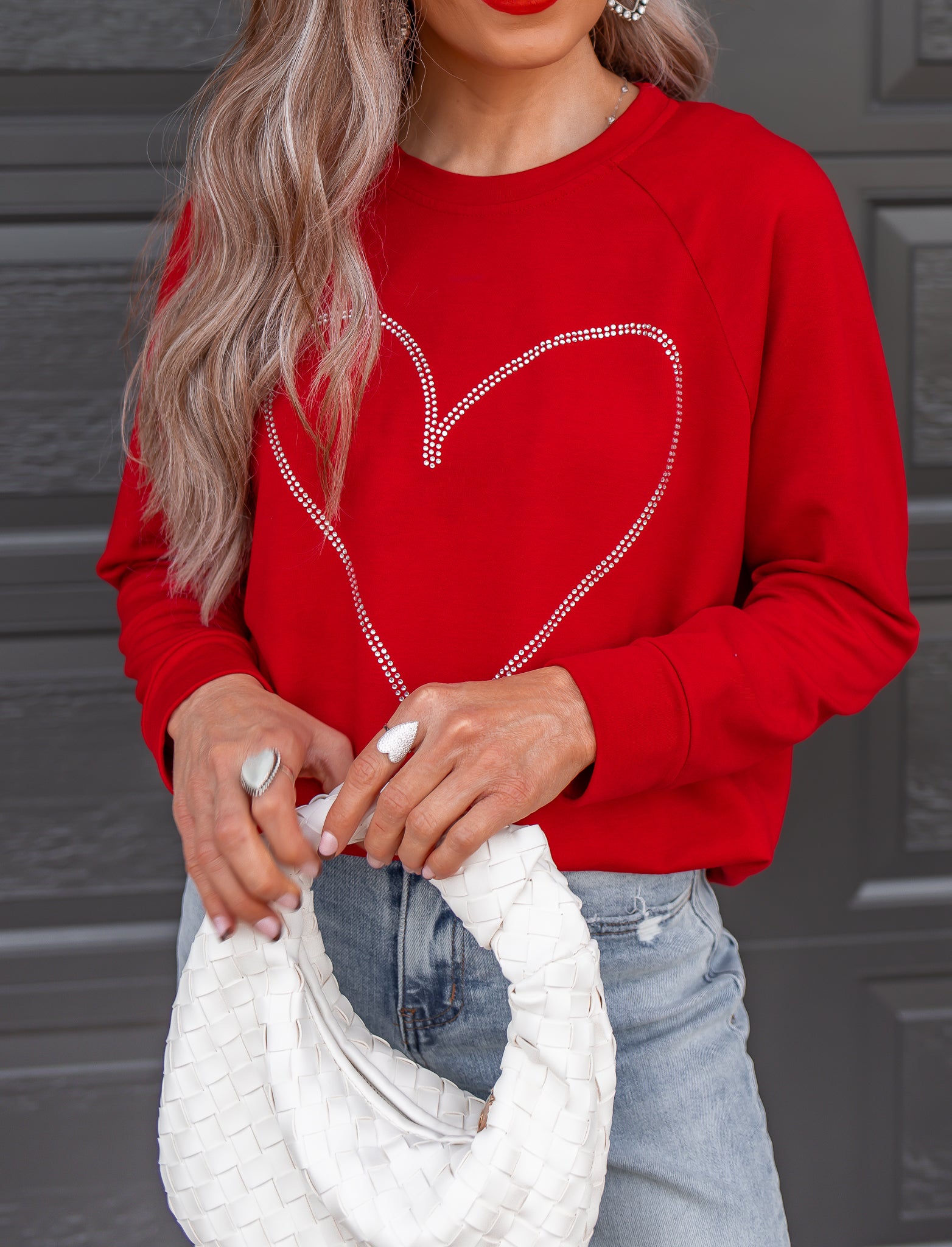 Radiant Love Red Rhinestone Heart Sweatshirt-Sweaters-Krush Kandy, Women's Online Fashion Boutique Located in Phoenix, Arizona (Scottsdale Area)