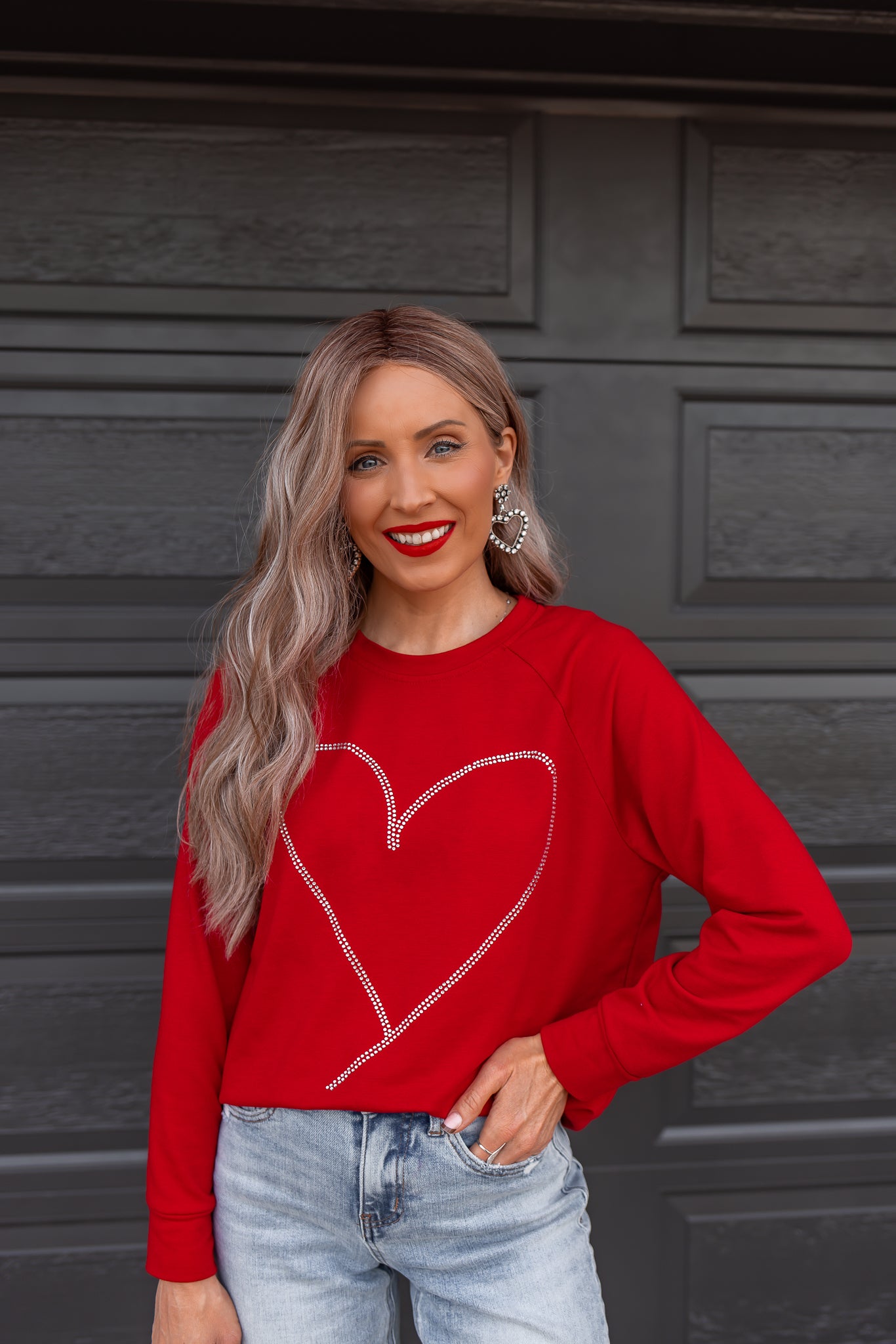 Radiant Love Red Rhinestone Heart Sweatshirt-Sweaters-Krush Kandy, Women's Online Fashion Boutique Located in Phoenix, Arizona (Scottsdale Area)