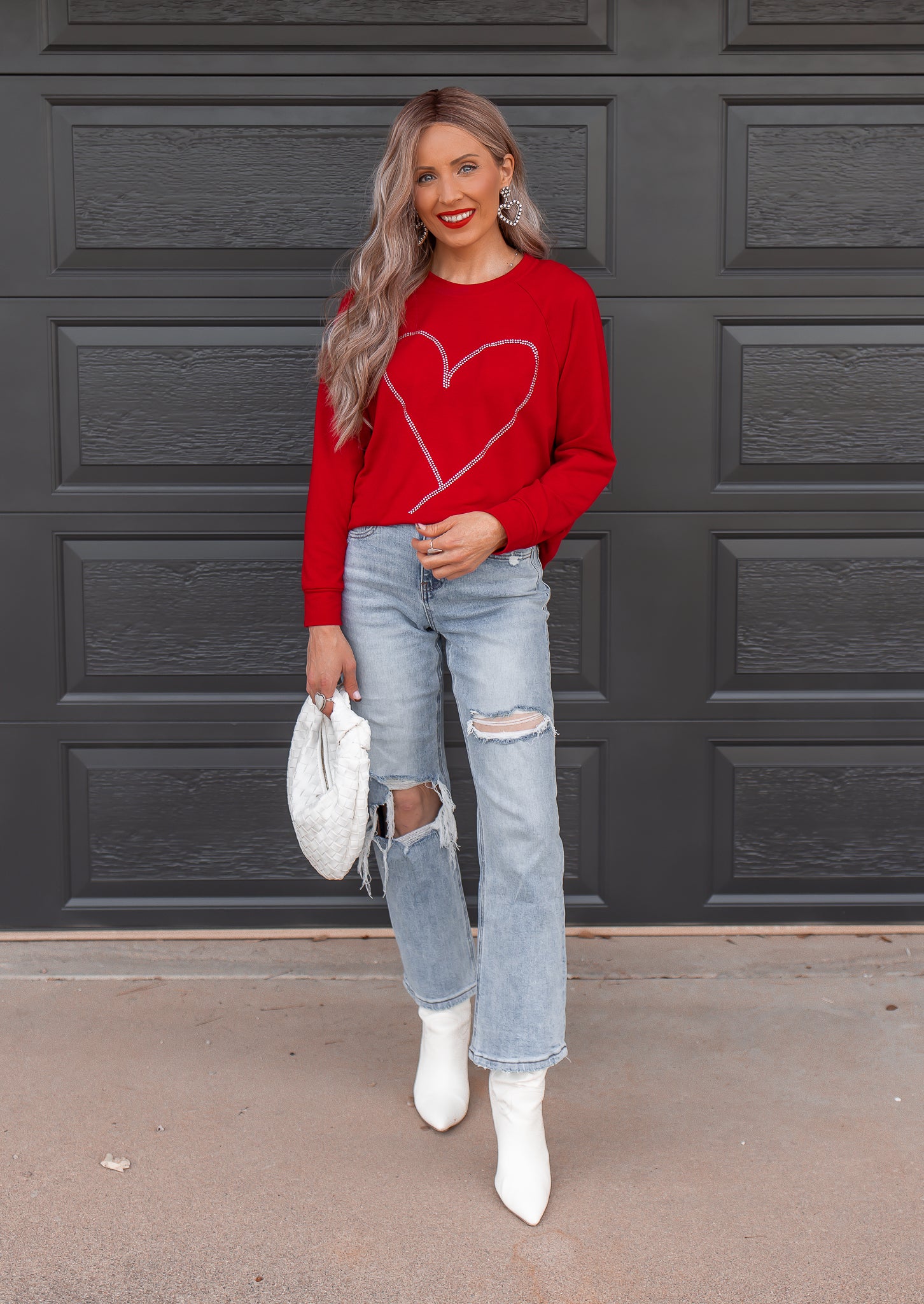 Radiant Love Red Rhinestone Heart Sweatshirt-Sweaters-Krush Kandy, Women's Online Fashion Boutique Located in Phoenix, Arizona (Scottsdale Area)