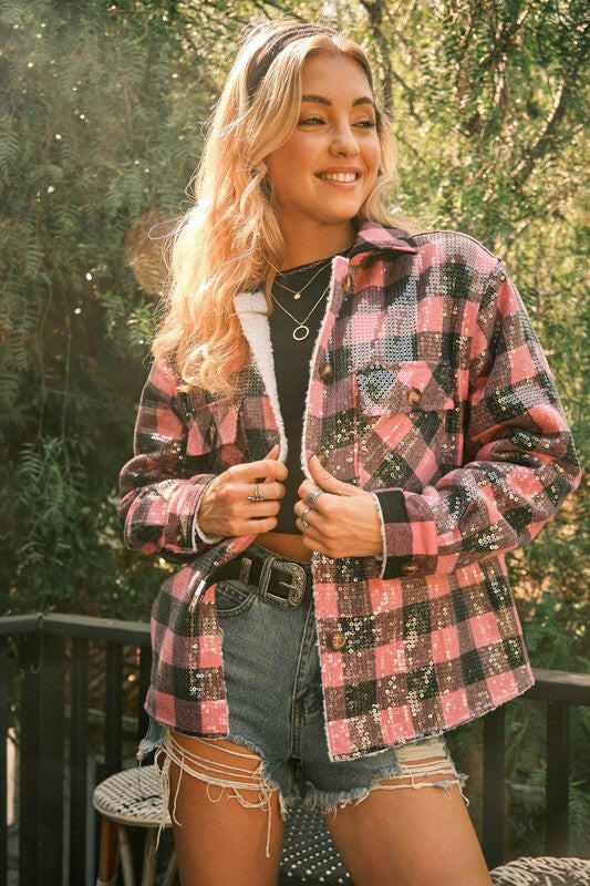 Sherpa Lined Gingham Sequin Pocket Jacket