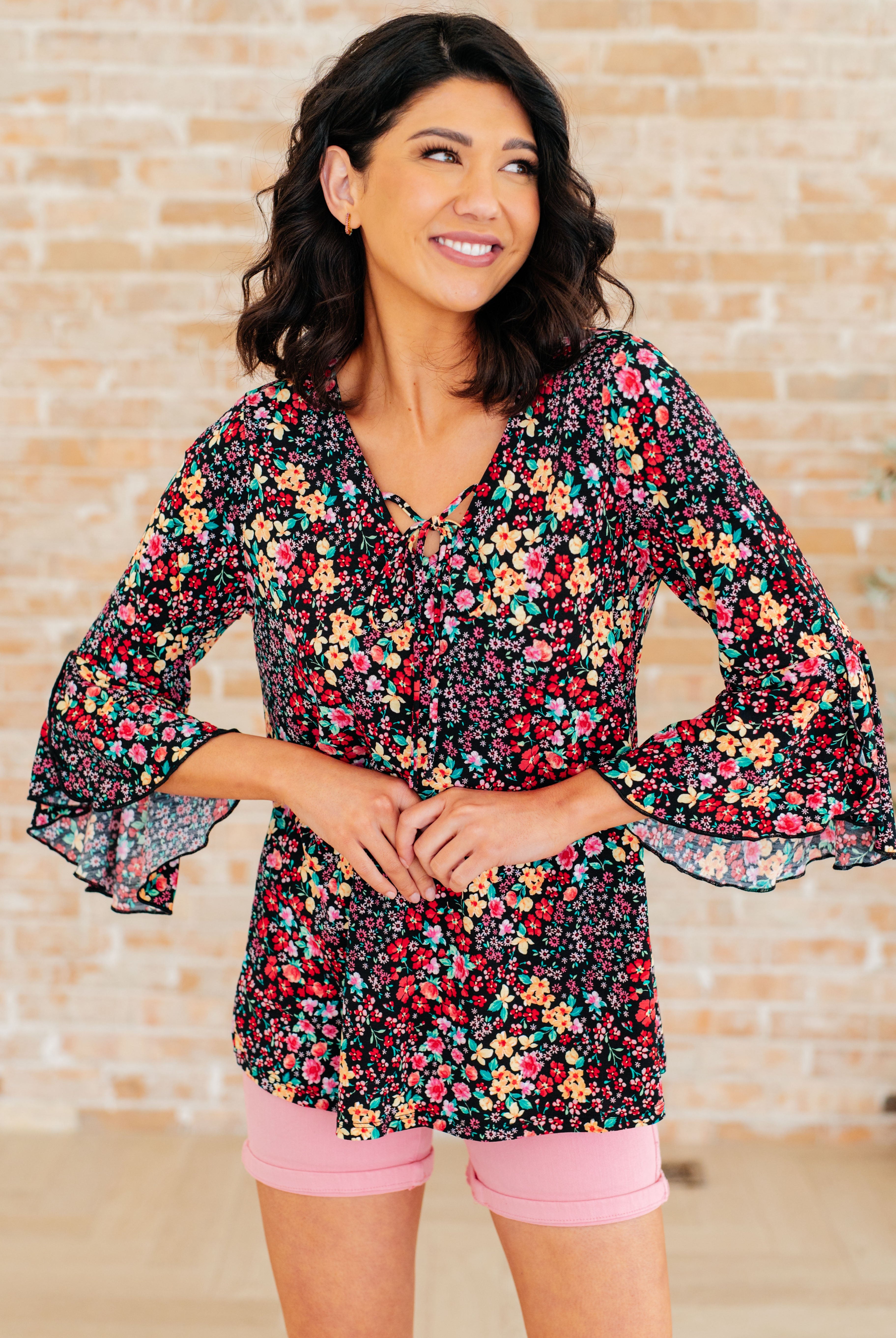 Willow Bell Sleeve Top in Black Multi Ditsy Floral-Long Sleeve Tops-Krush Kandy, Women's Online Fashion Boutique Located in Phoenix, Arizona (Scottsdale Area)