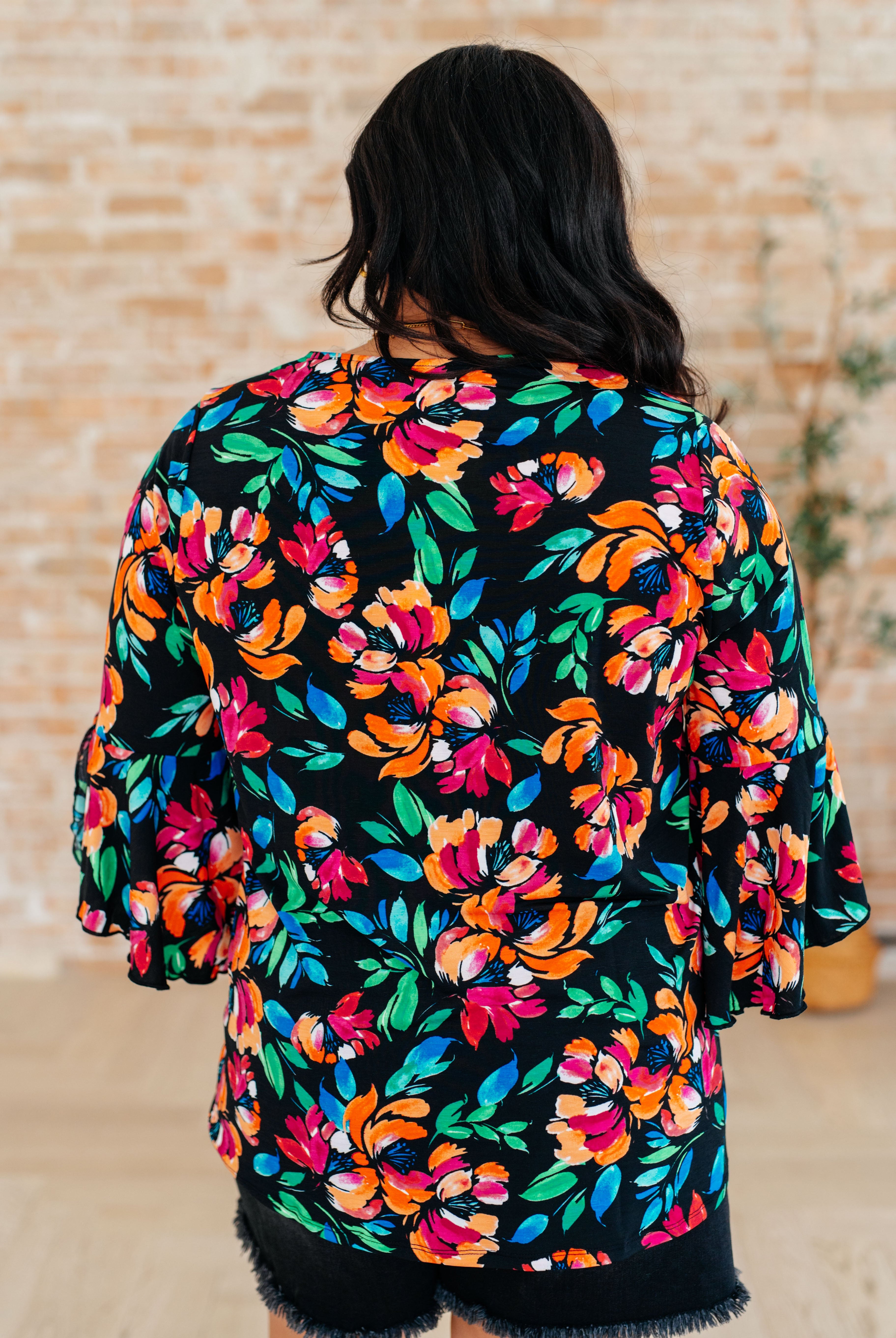 Willow Bell Sleeve Top in Black and Emerald Floral-Long Sleeve Tops-Krush Kandy, Women's Online Fashion Boutique Located in Phoenix, Arizona (Scottsdale Area)