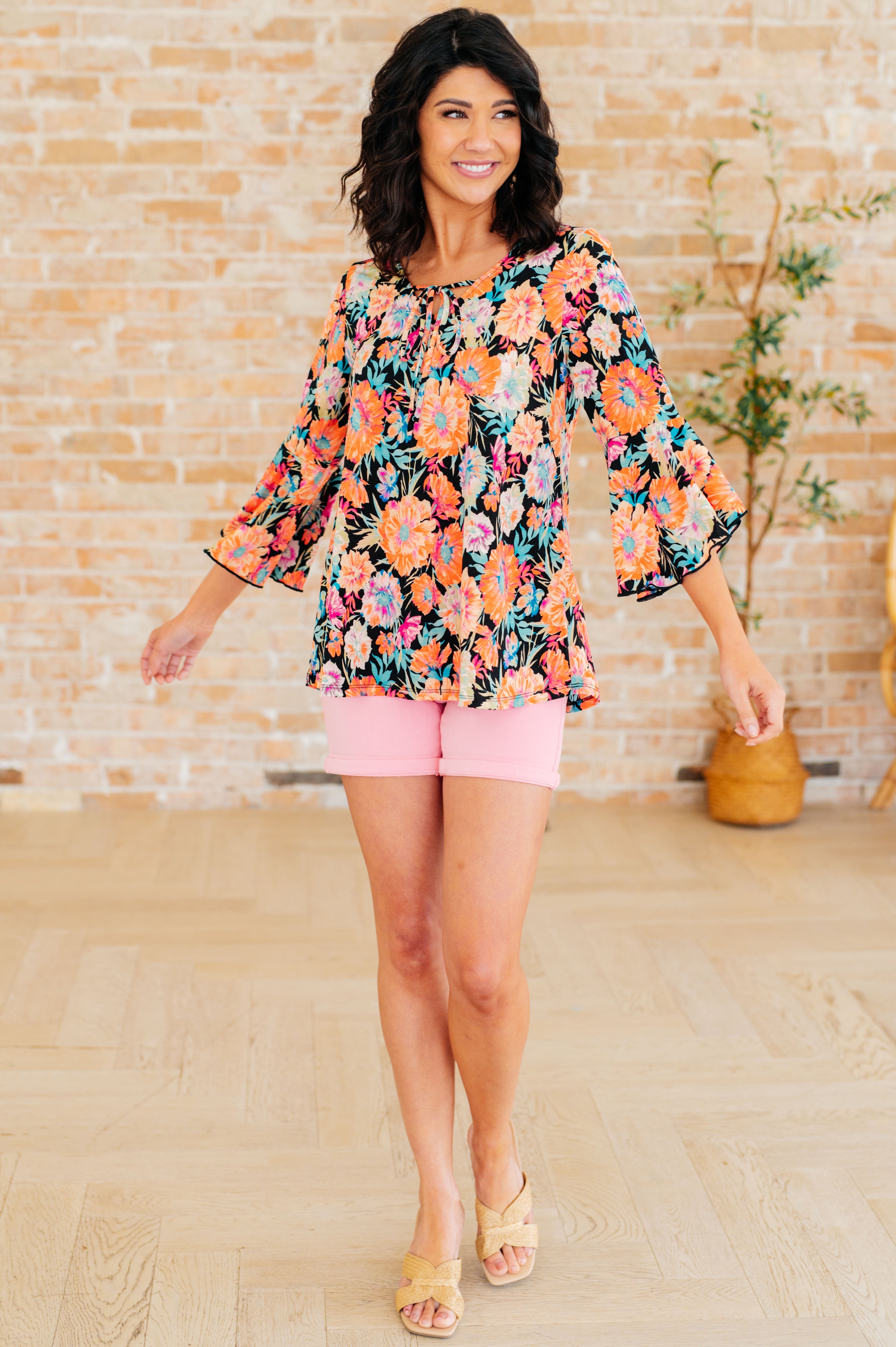 Willow Bell Sleeve Top in Black and Persimmon Floral-Long Sleeve Tops-Krush Kandy, Women's Online Fashion Boutique Located in Phoenix, Arizona (Scottsdale Area)