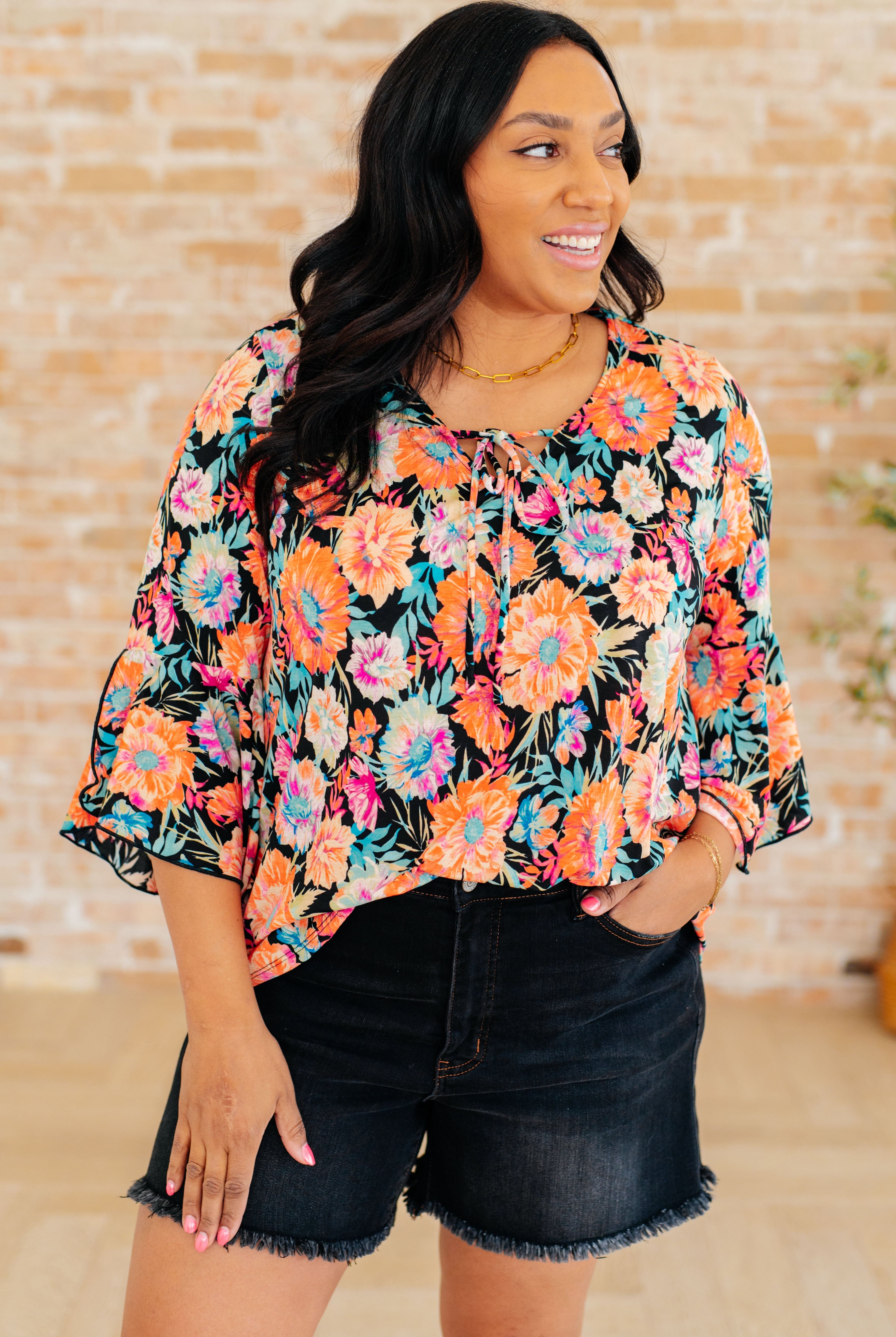 Willow Bell Sleeve Top in Black and Persimmon Floral-Long Sleeve Tops-Krush Kandy, Women's Online Fashion Boutique Located in Phoenix, Arizona (Scottsdale Area)