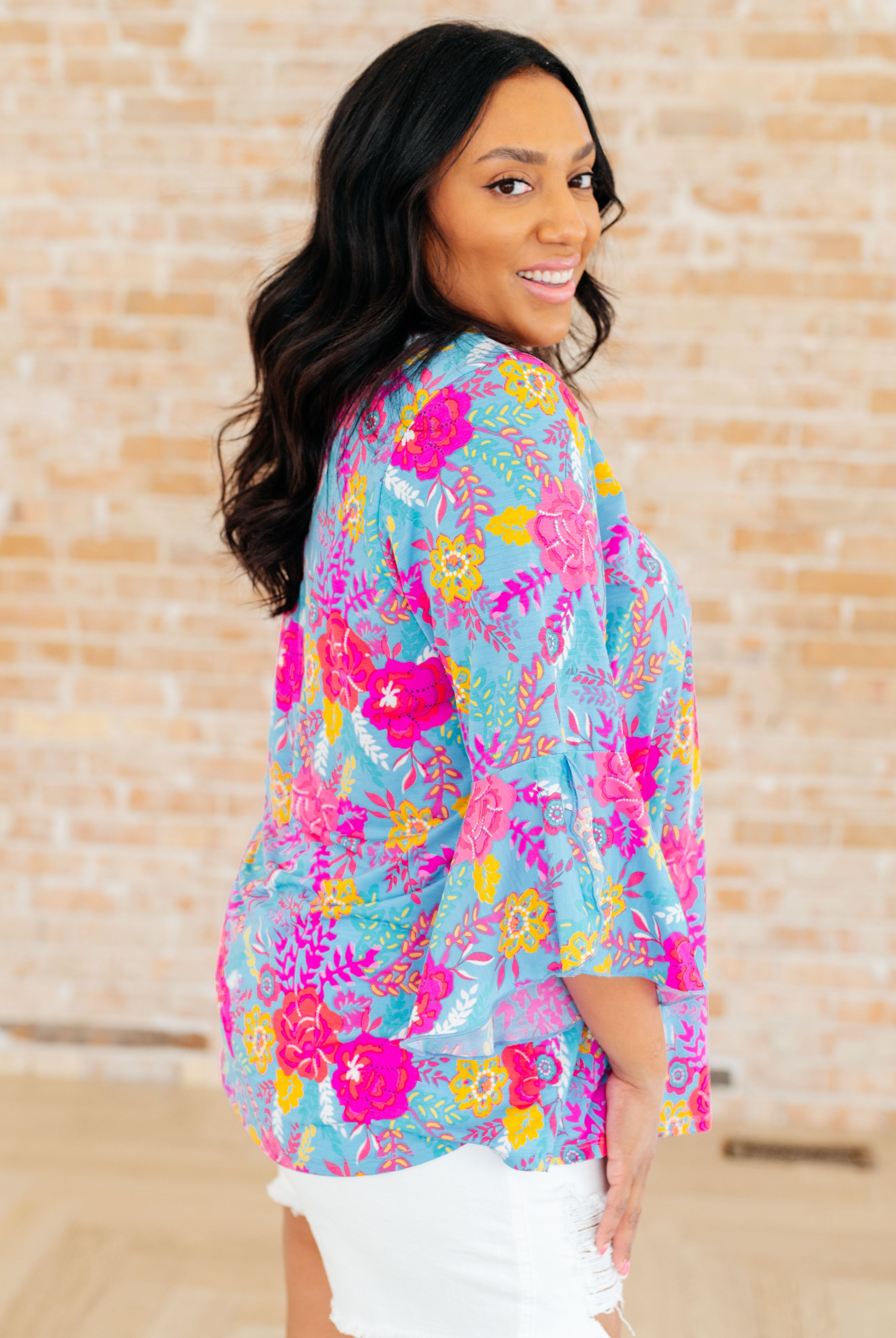 Willow Bell Sleeve Top in Bright Blue Floral-Long Sleeve Tops-Krush Kandy, Women's Online Fashion Boutique Located in Phoenix, Arizona (Scottsdale Area)