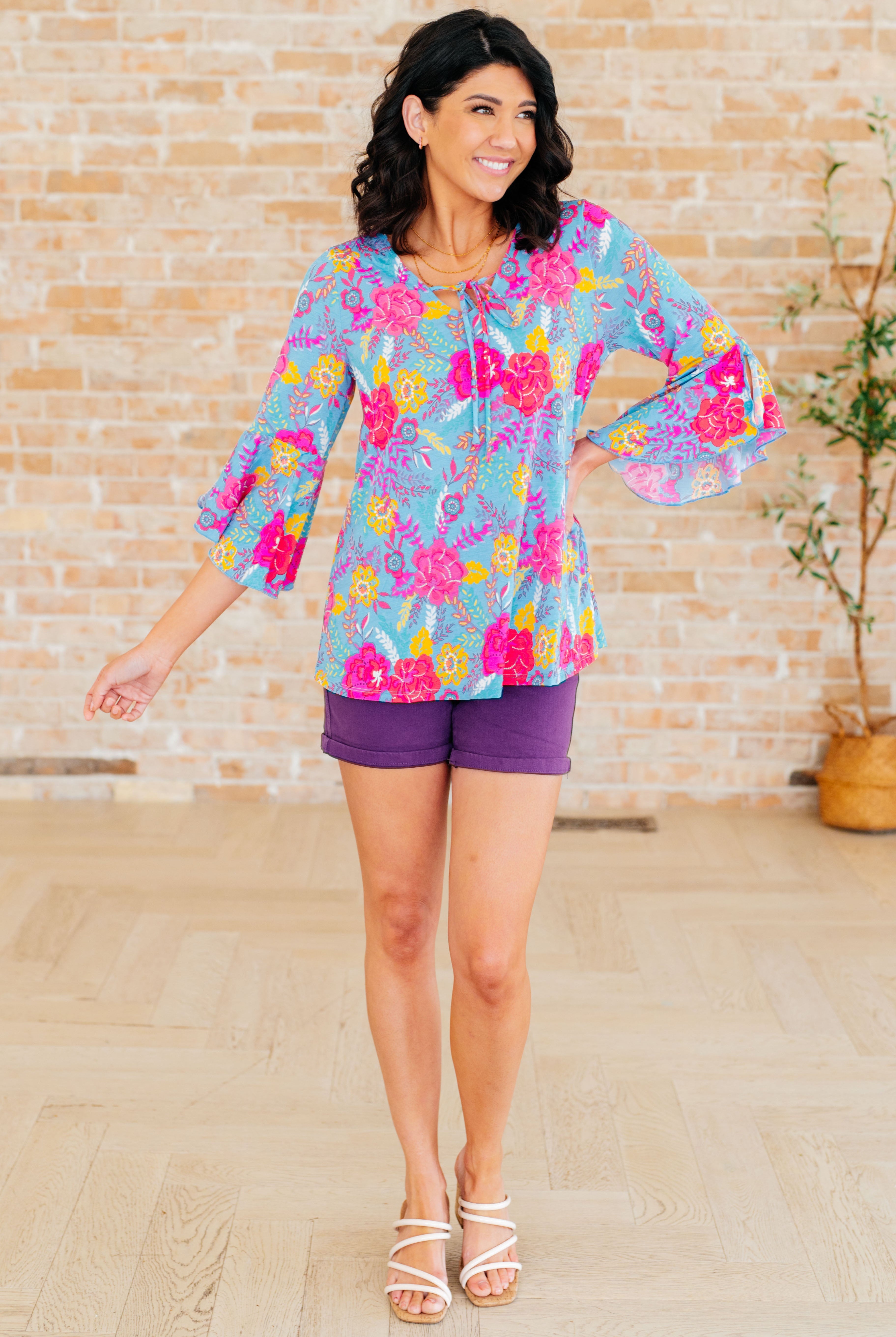 Willow Bell Sleeve Top in Bright Blue Floral-Long Sleeve Tops-Krush Kandy, Women's Online Fashion Boutique Located in Phoenix, Arizona (Scottsdale Area)