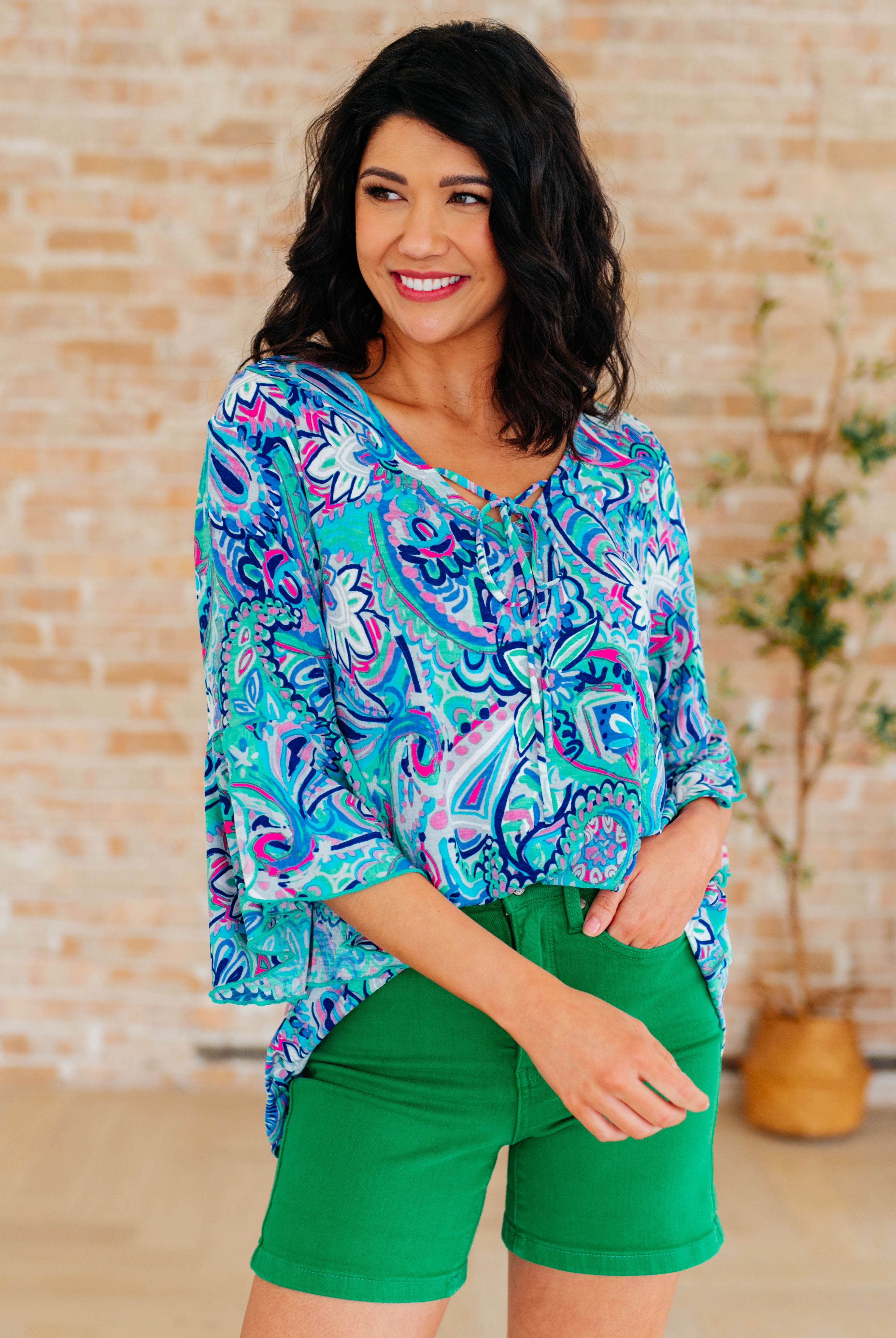 Willow Bell Sleeve Top in Emerald and Royal Paisley-Long Sleeve Tops-Krush Kandy, Women's Online Fashion Boutique Located in Phoenix, Arizona (Scottsdale Area)