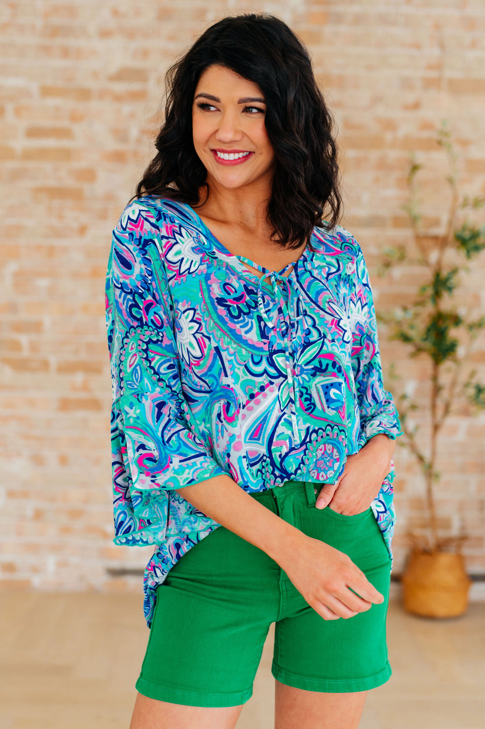 Willow Bell Sleeve Top in Emerald and Royal Paisley-Long Sleeve Tops-Krush Kandy, Women's Online Fashion Boutique Located in Phoenix, Arizona (Scottsdale Area)
